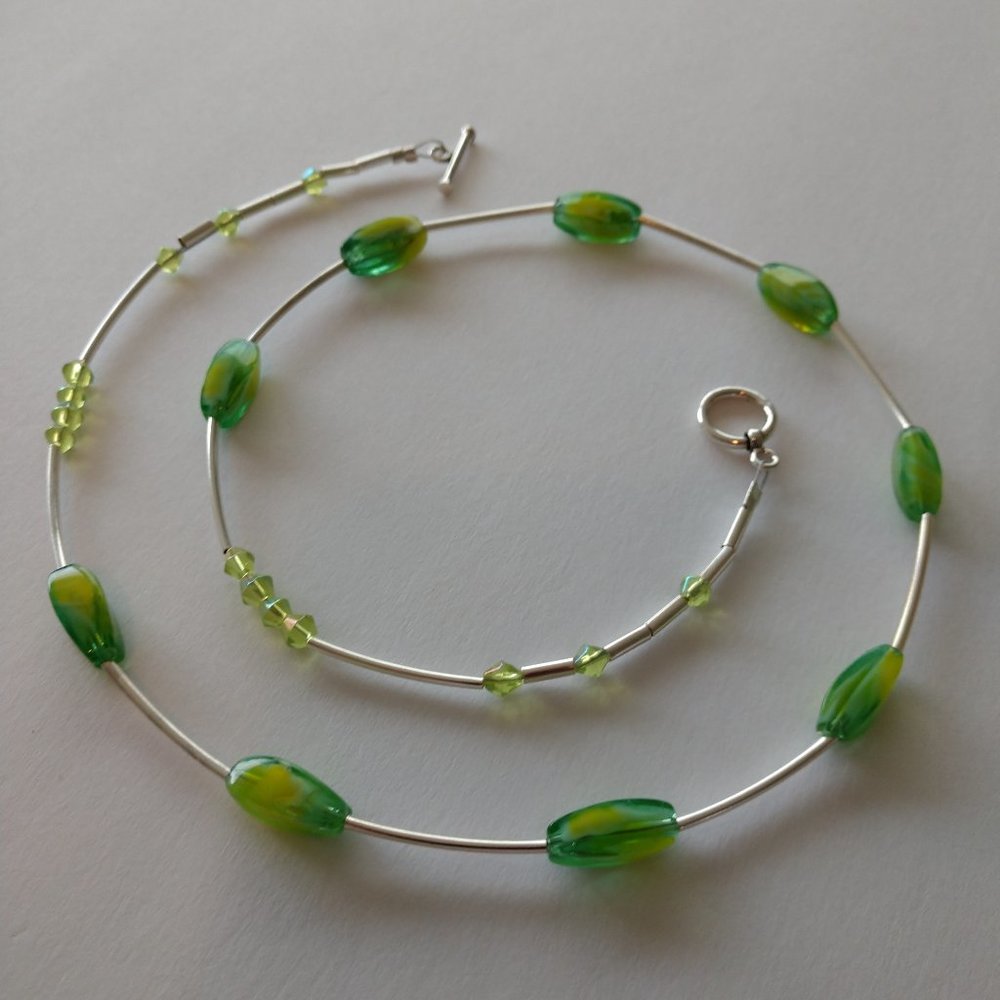 Handmade Necklace with Green Lampwork Glass Beads and Silver Plated Tube Beads